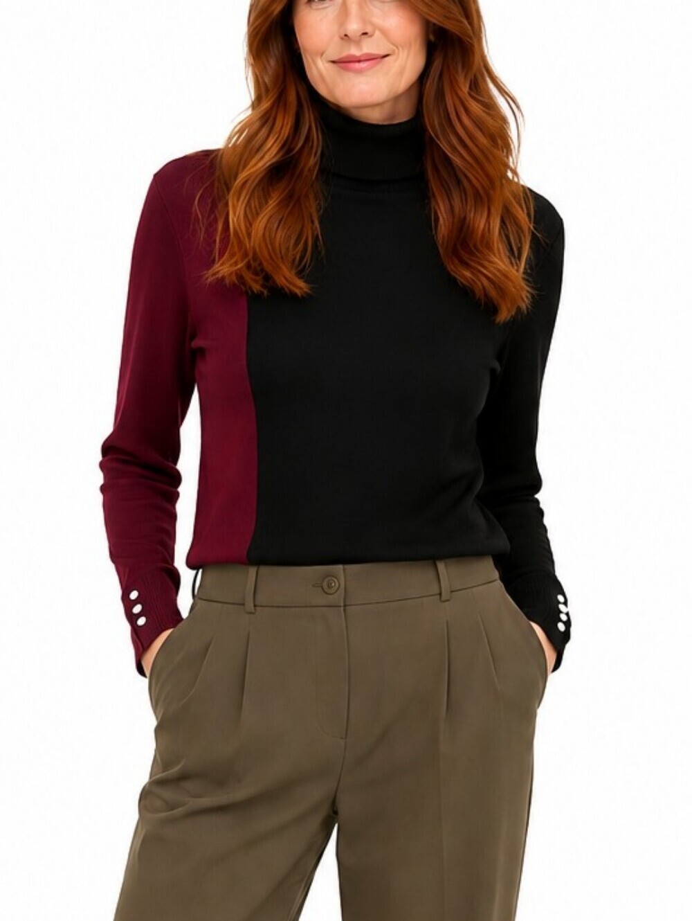 Chico's Colorblock Turtleneck Sweater Black And Burgundy